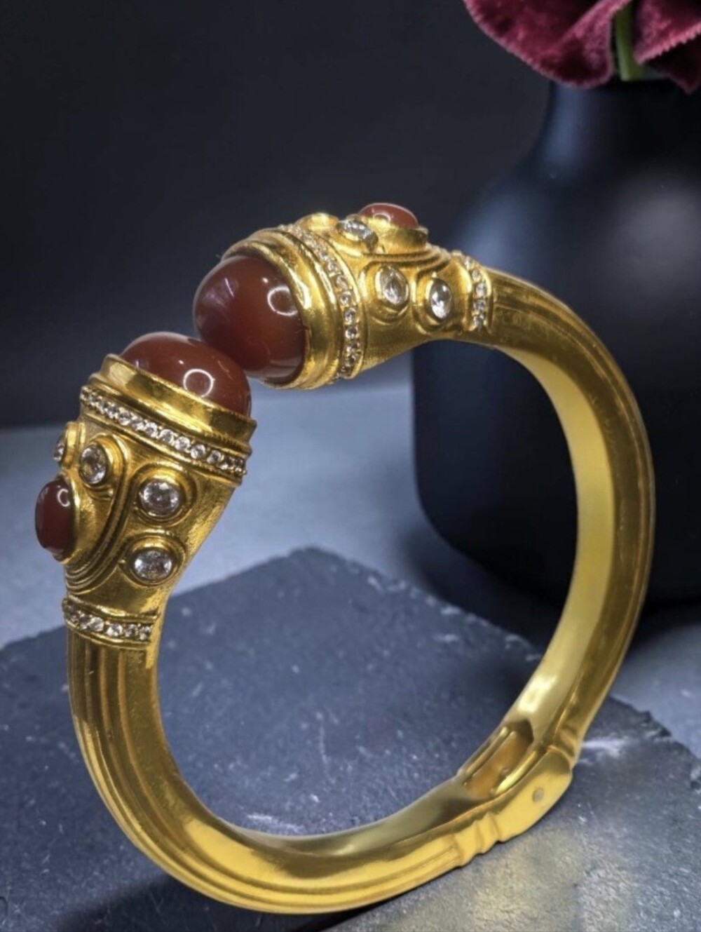 18k Gold Plated Ottoman Empire Chunky Byzantine Red Onyx Crystal Cuff Bracelet